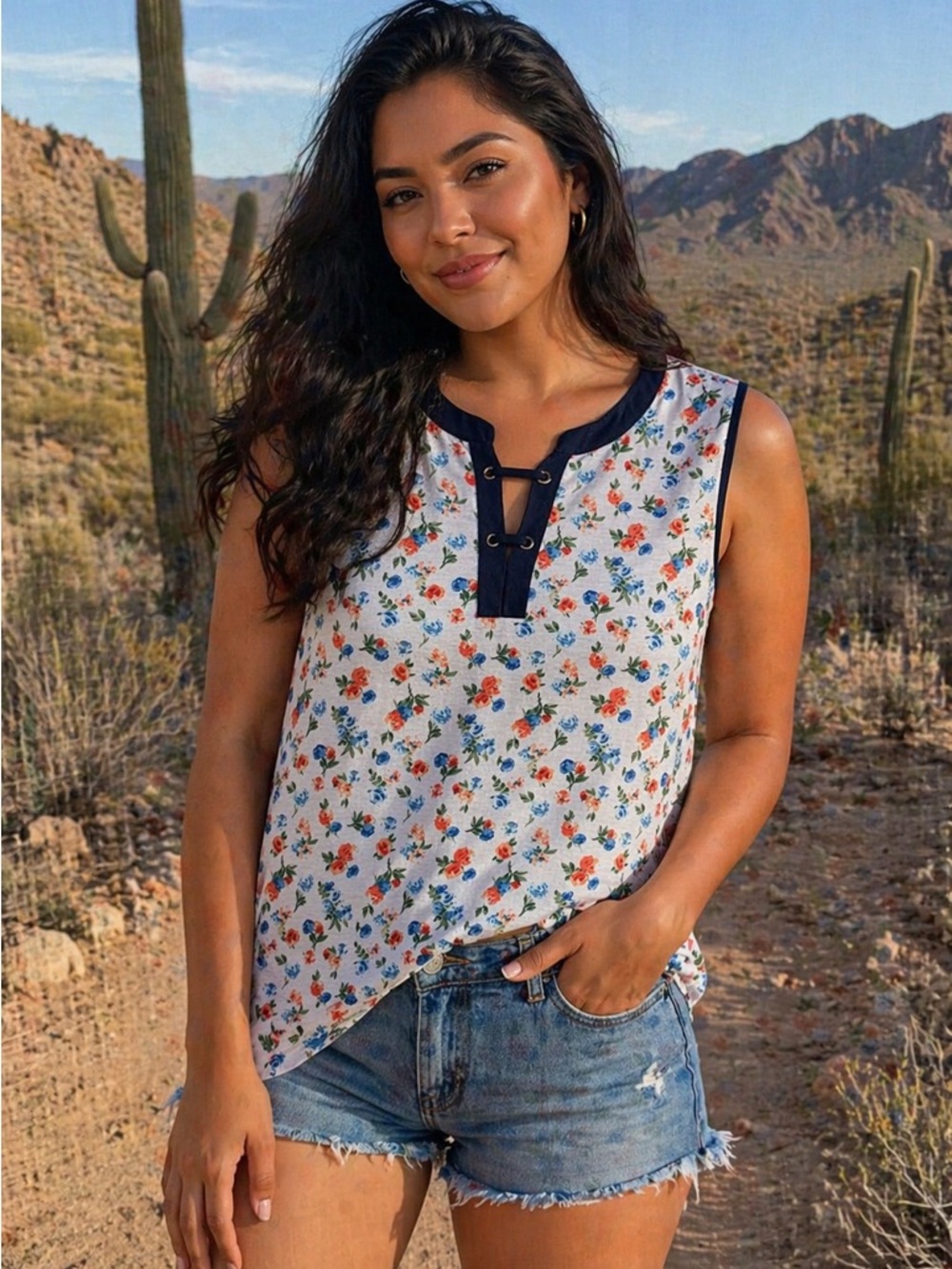 Floral Lace-Up Tank Top with Navy Trim